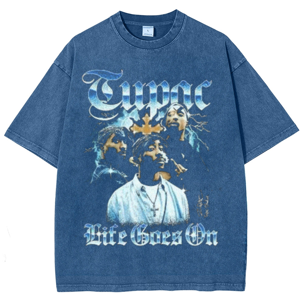 Unisex Vintage Tupac Life Goes On Graphic Short Sleeve Washed T-shirt