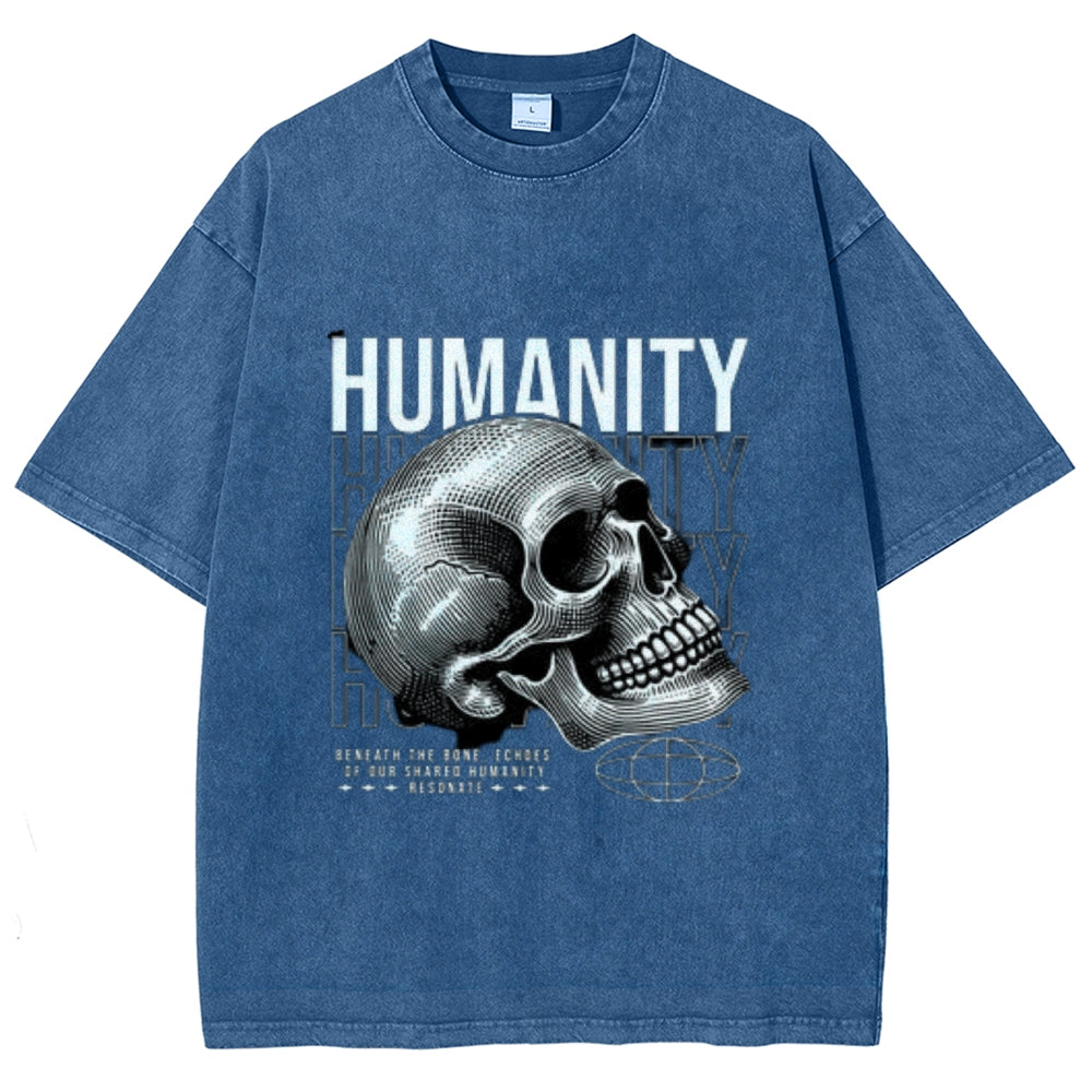 Women Washed Vintage Humanity Skull Graphic T-shirt