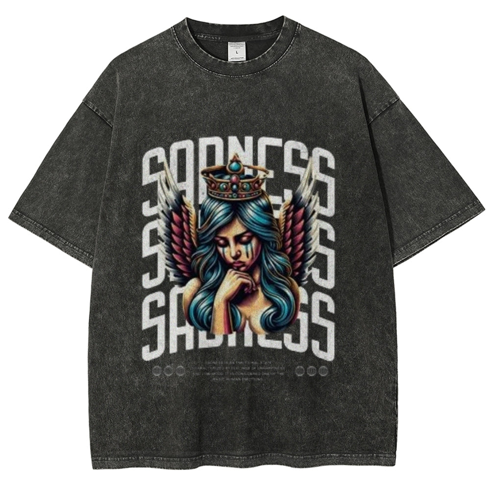 Women Washed Vintage Sading Angel Graphic T-shirt