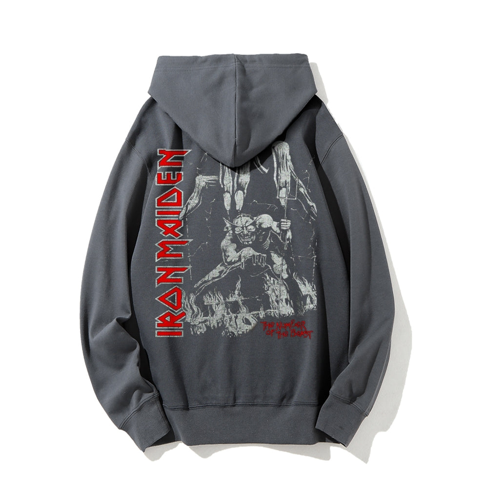 Mens Vintage Iron Band Darkness Style Print  Graphic Pullover With Kangaroo Pocket Hoodies