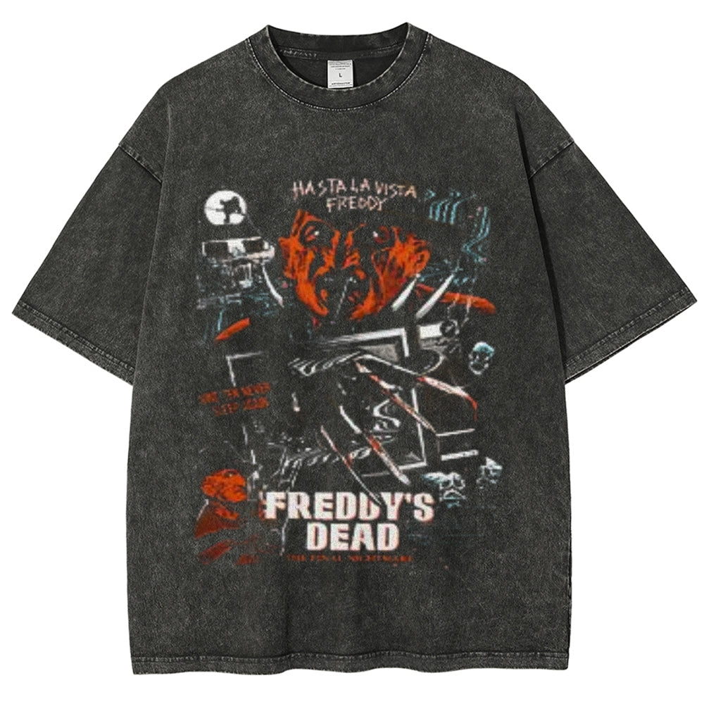 Unisex Vintage Freddy Dead Scary Graphic Short Sleeve Washed T-shirt