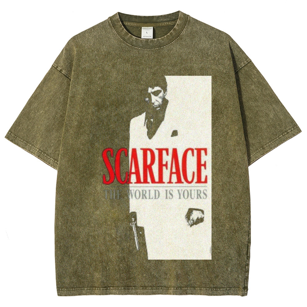 Unisex Vintage Scarface Horror Graphic Short Sleeve Washed T-shirt