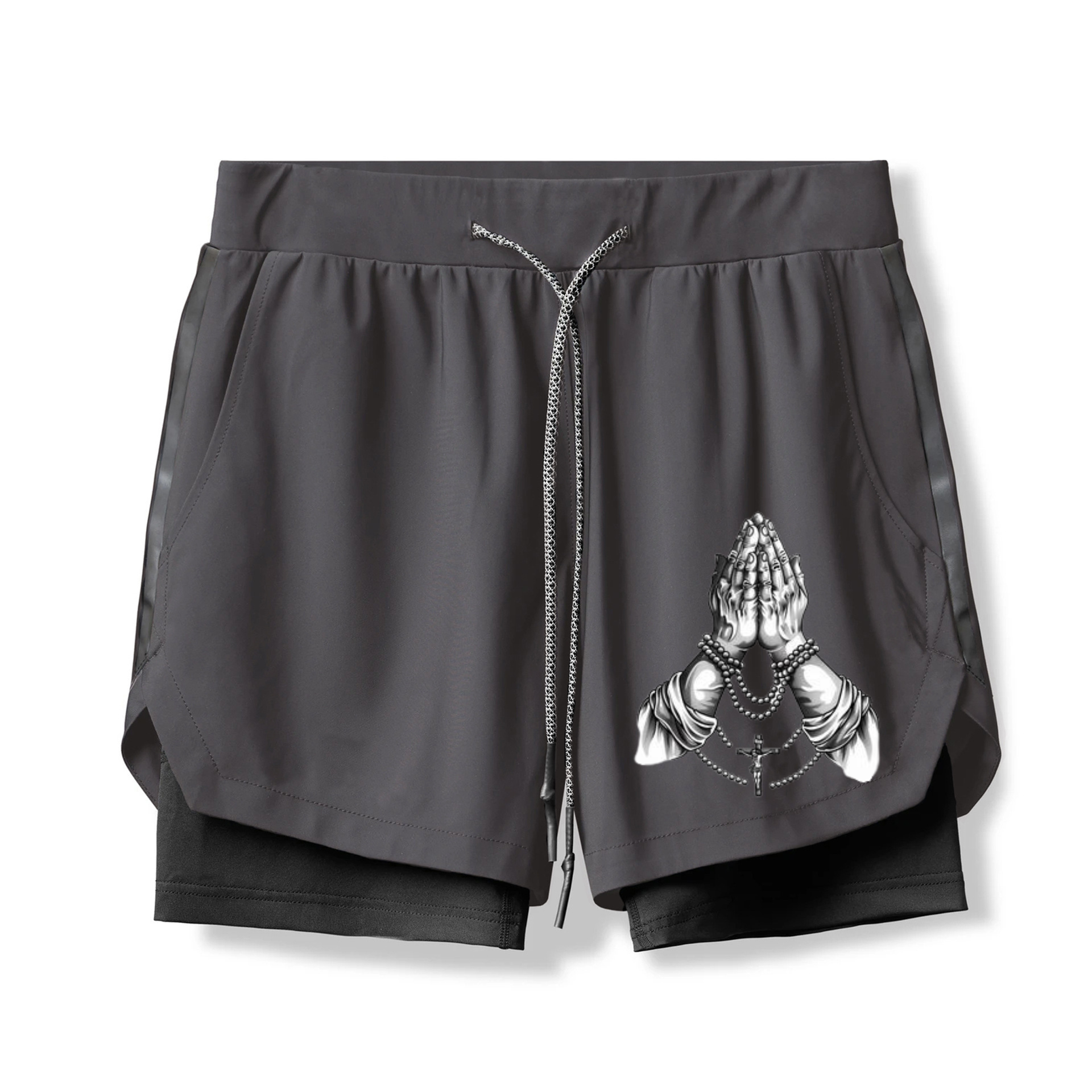 Praying Hands Skull Print 2 In 1 Gym Shorts for Men