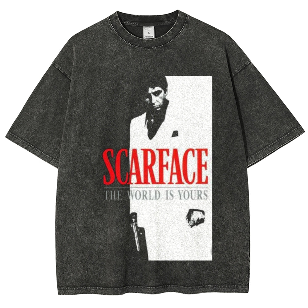 Unisex Vintage Scarface Horror Graphic Short Sleeve Washed T-shirt