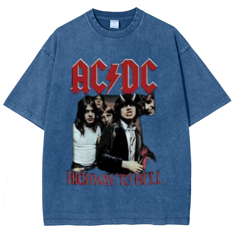 Unisex Vintage The Acdc Rock Band Print Short Sleeve Casual Graphic Washed T-shirt