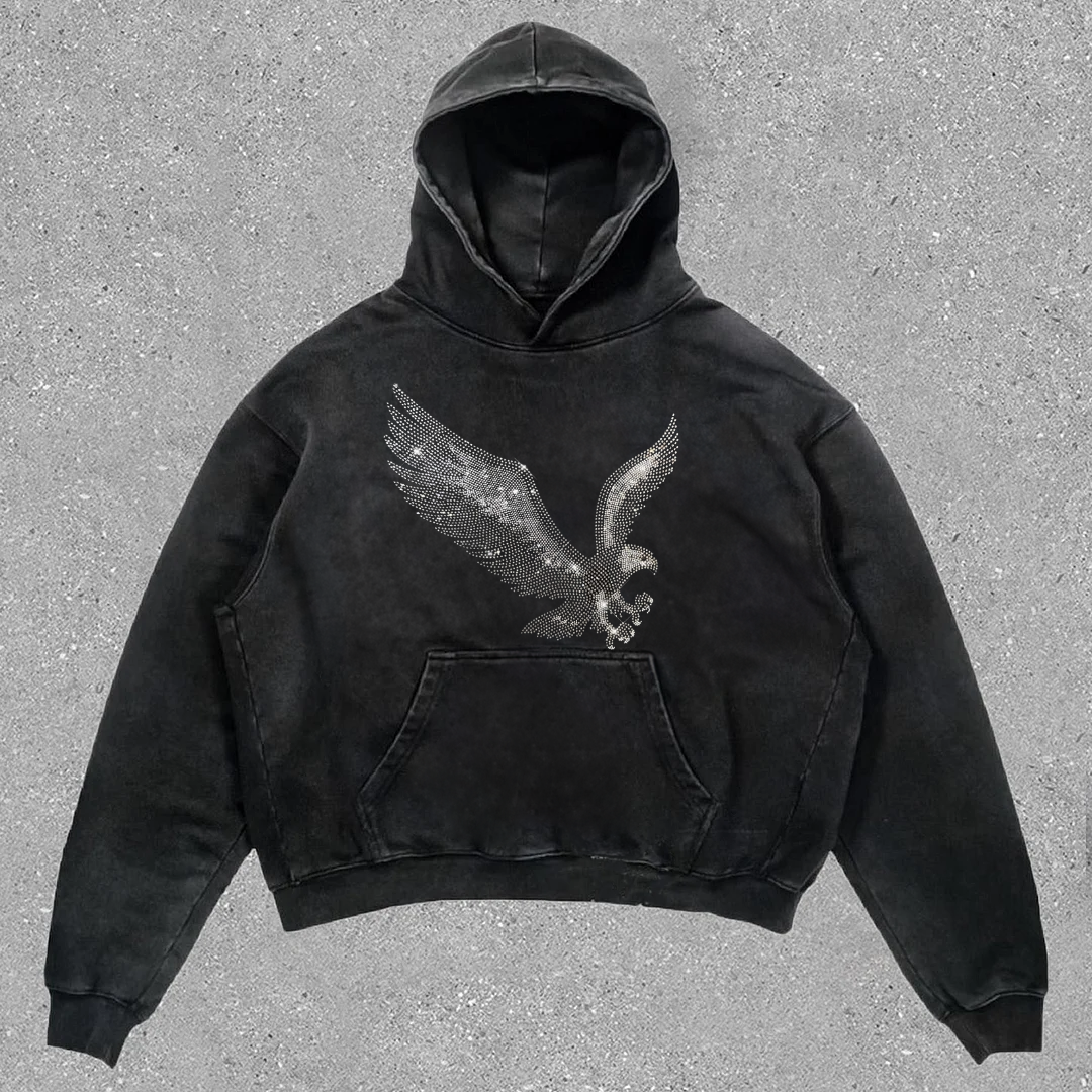 Power Eagle Vintage Graphic Street Acid Washed Pullover Hoodie