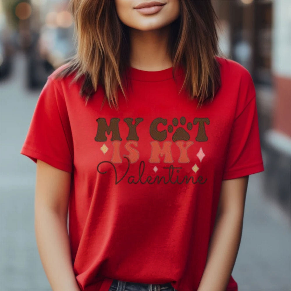 Women My Cat Is My Valentine's Day Print Graphic T-shirt