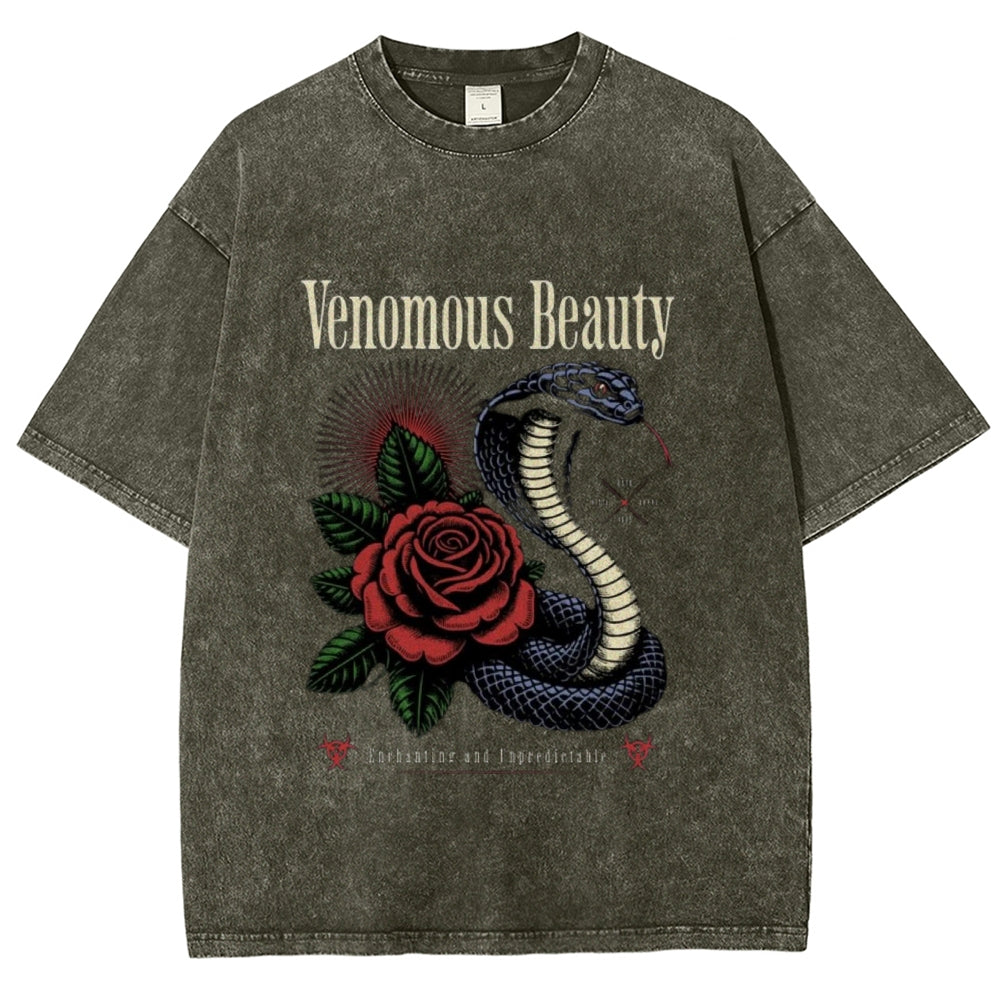 Women Washed Vintage Beauty Rose Snake Graphic T-shirt