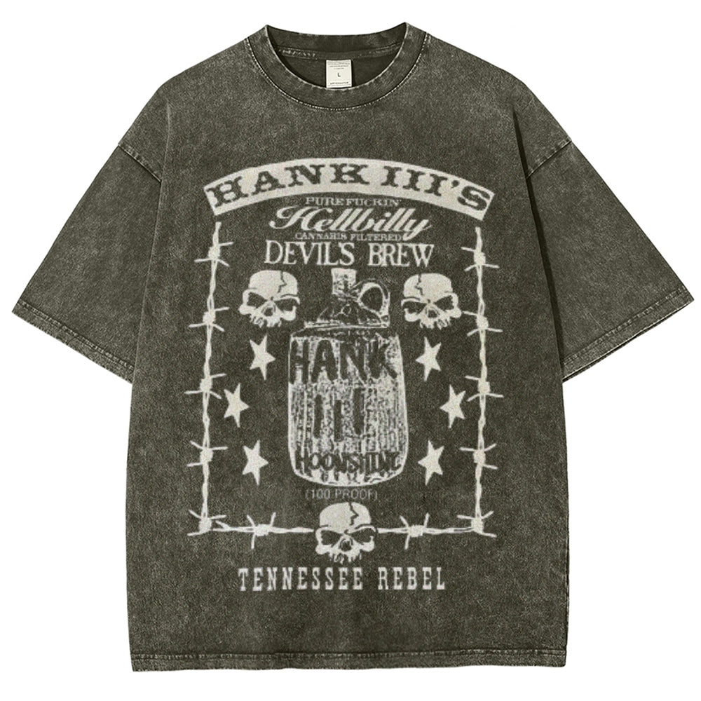 Unisex Vintage Hank 3 Darkness Style Graphic Short Sleeve Washed T-shirt