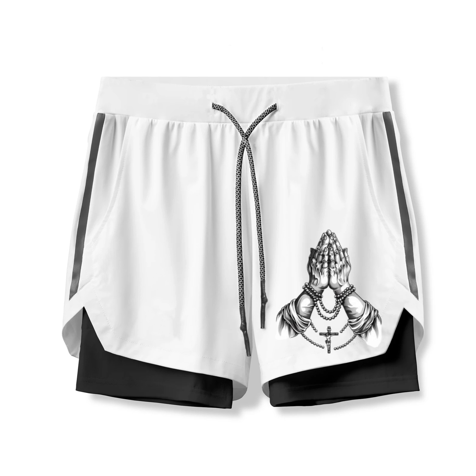 Praying Hands Skull Print 2 In 1 Gym Shorts for Men