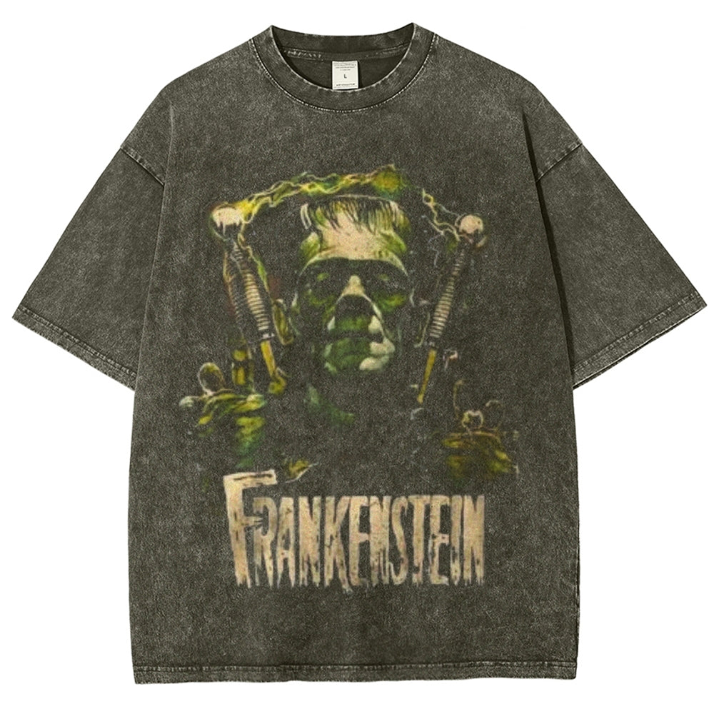 Unisex Vintage Frankenstein Monster Horror Graphic Short Sleeve Washed T-shirt