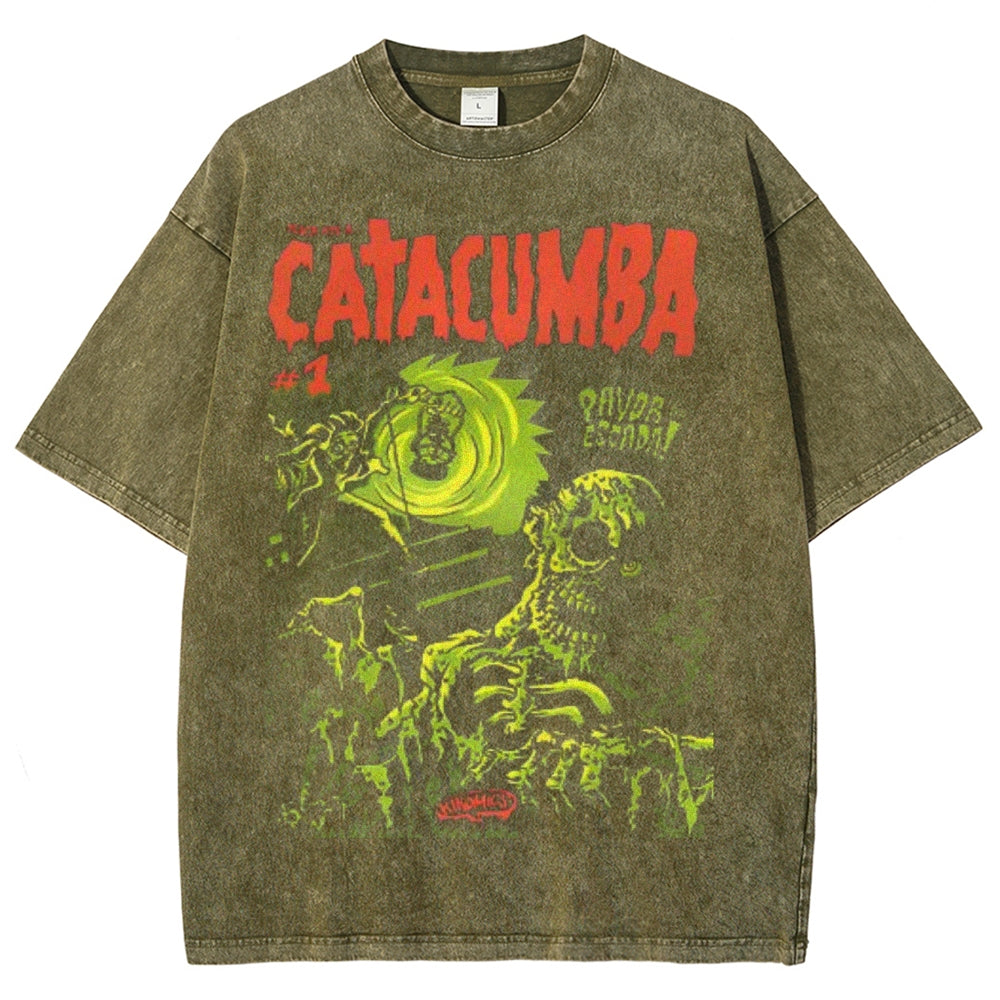 Unisex Vintage Catacumba Horror Graphic Short Sleeve Washed T-shirt