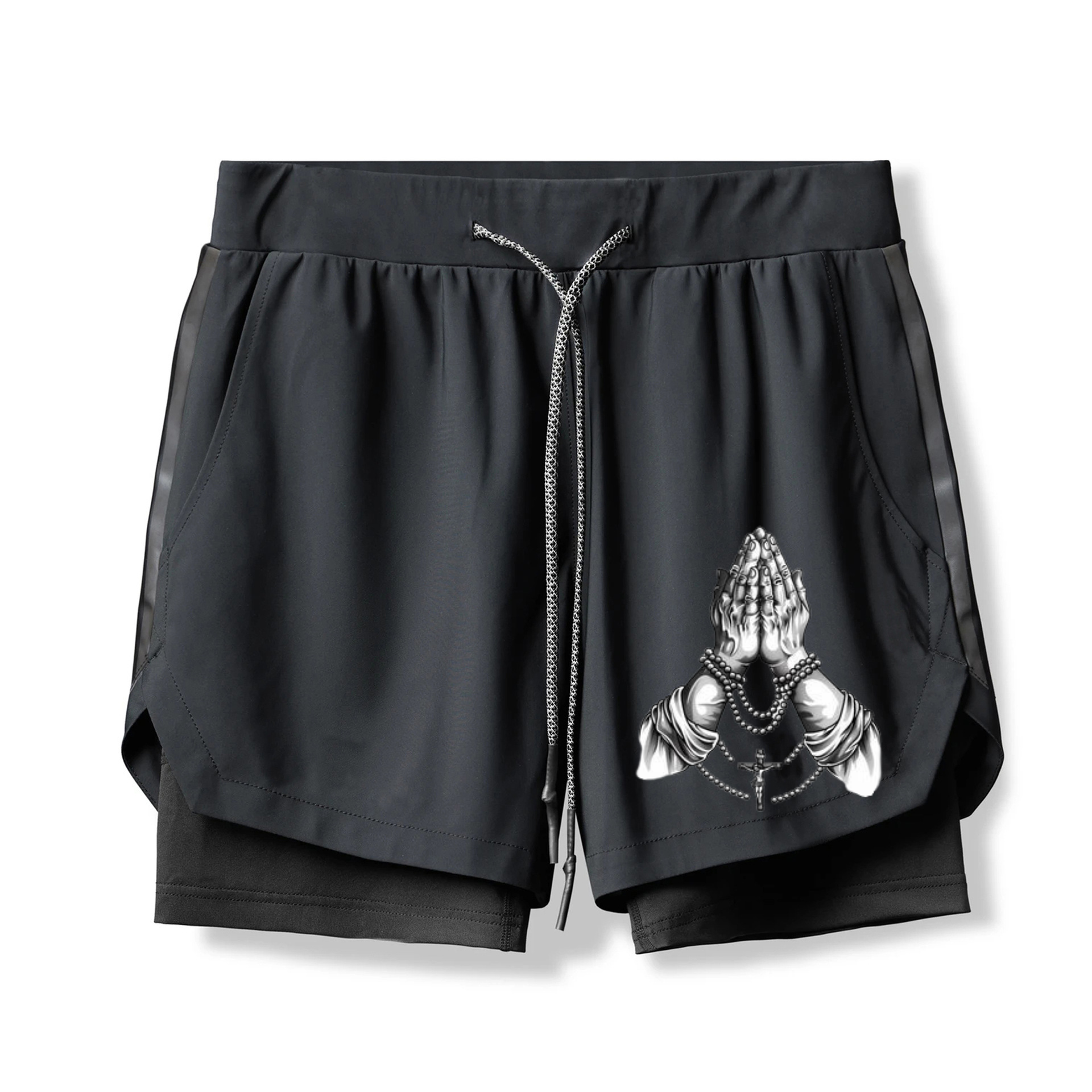 Praying Hands Skull Print 2 In 1 Gym Shorts for Men