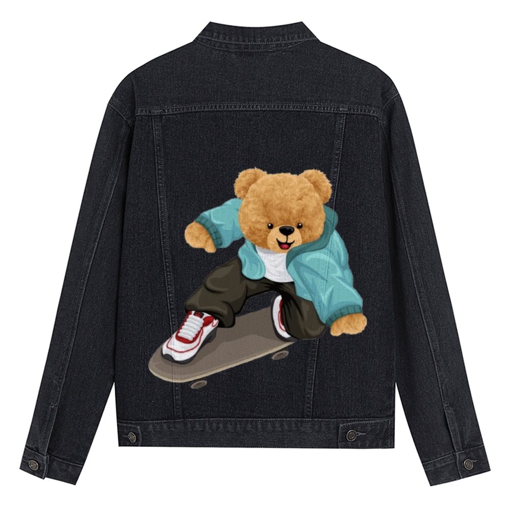 Mens Vintage Cartoon Cute Skate Bear Prints Denim Jacket