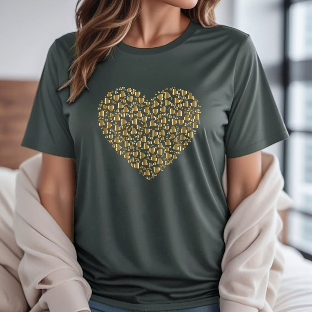 Women Valentine's Day Love Golden Heart Print Graphic T-shirt