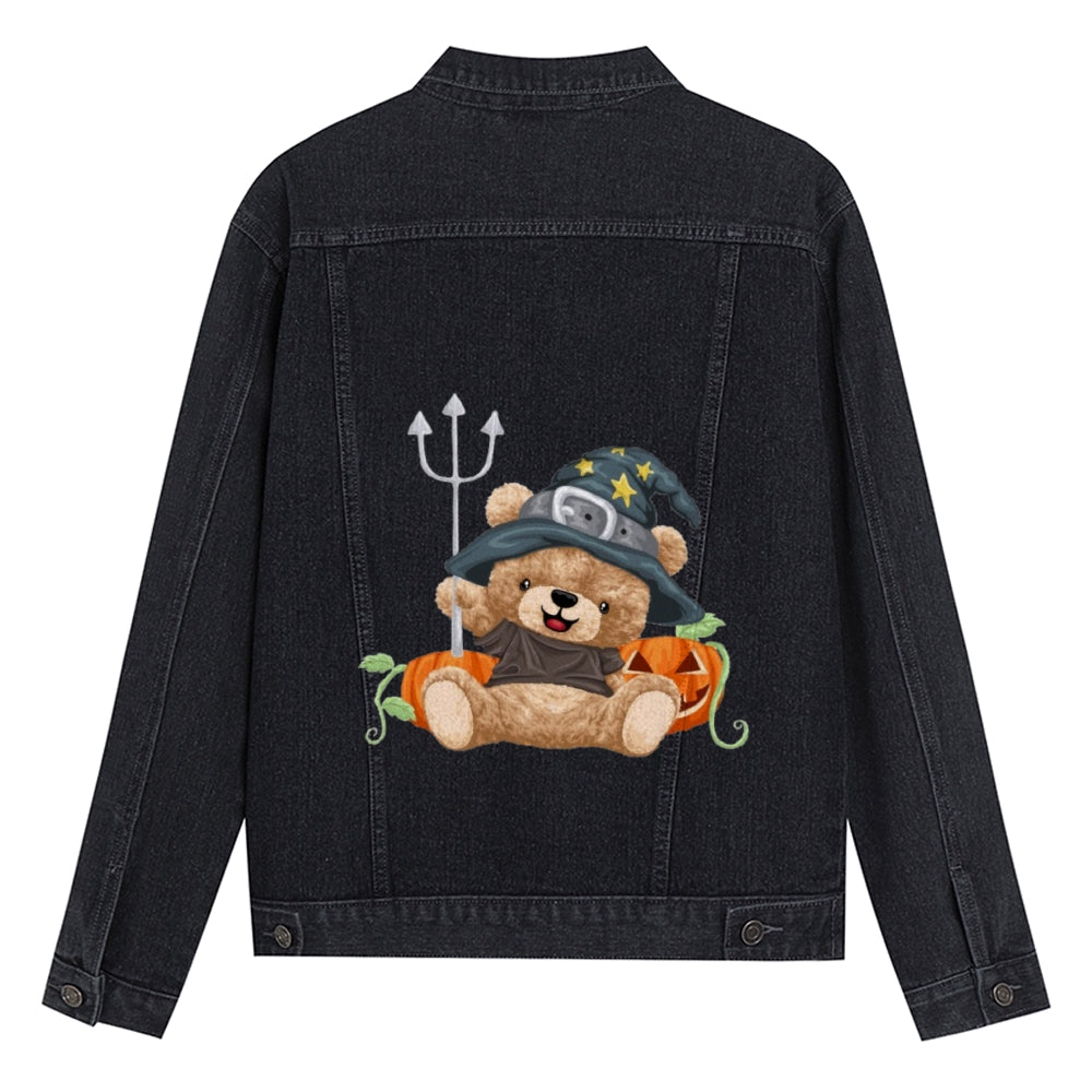 Mens Vintage Cartoon Prints Halloween Pumpkin Cute Bear Denim Jacket