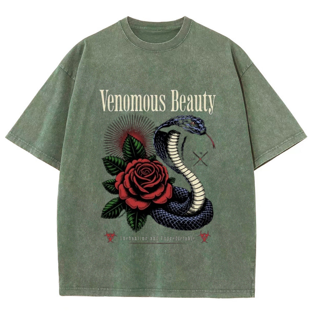 Women Washed Vintage Beauty Rose Snake Graphic T-shirt