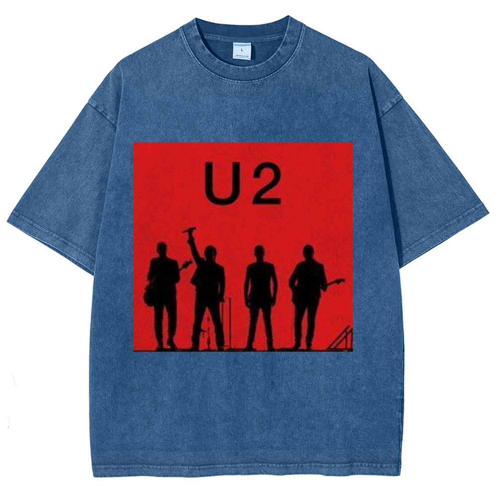 Unisex Vintage The U2 Rock Band Print Short Sleeve Casual Graphic Washed T-shirt