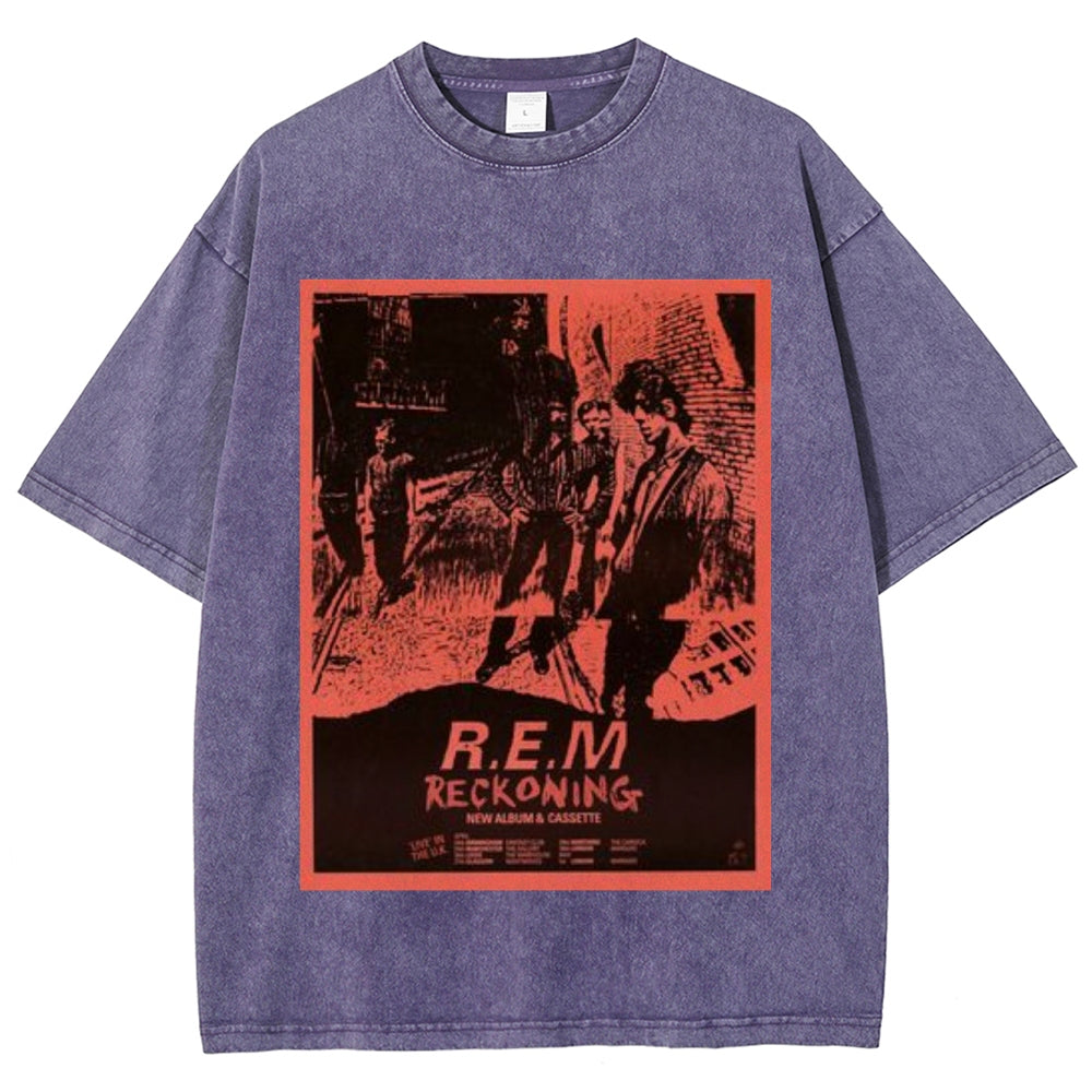 Unisex Vintage The Rem Rock Band Print Short Sleeve Casual Graphic Washed T-shirt