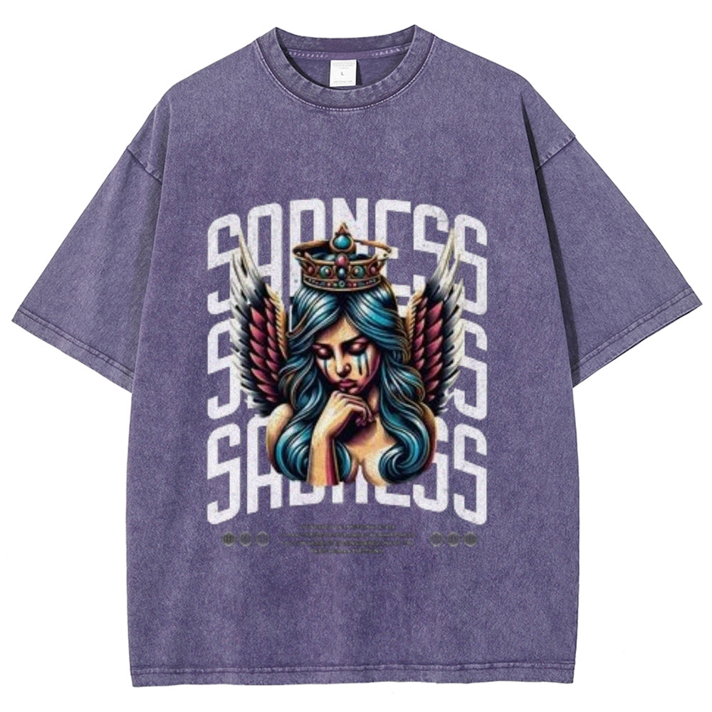 Women Washed Vintage Sading Angel Graphic T-shirt