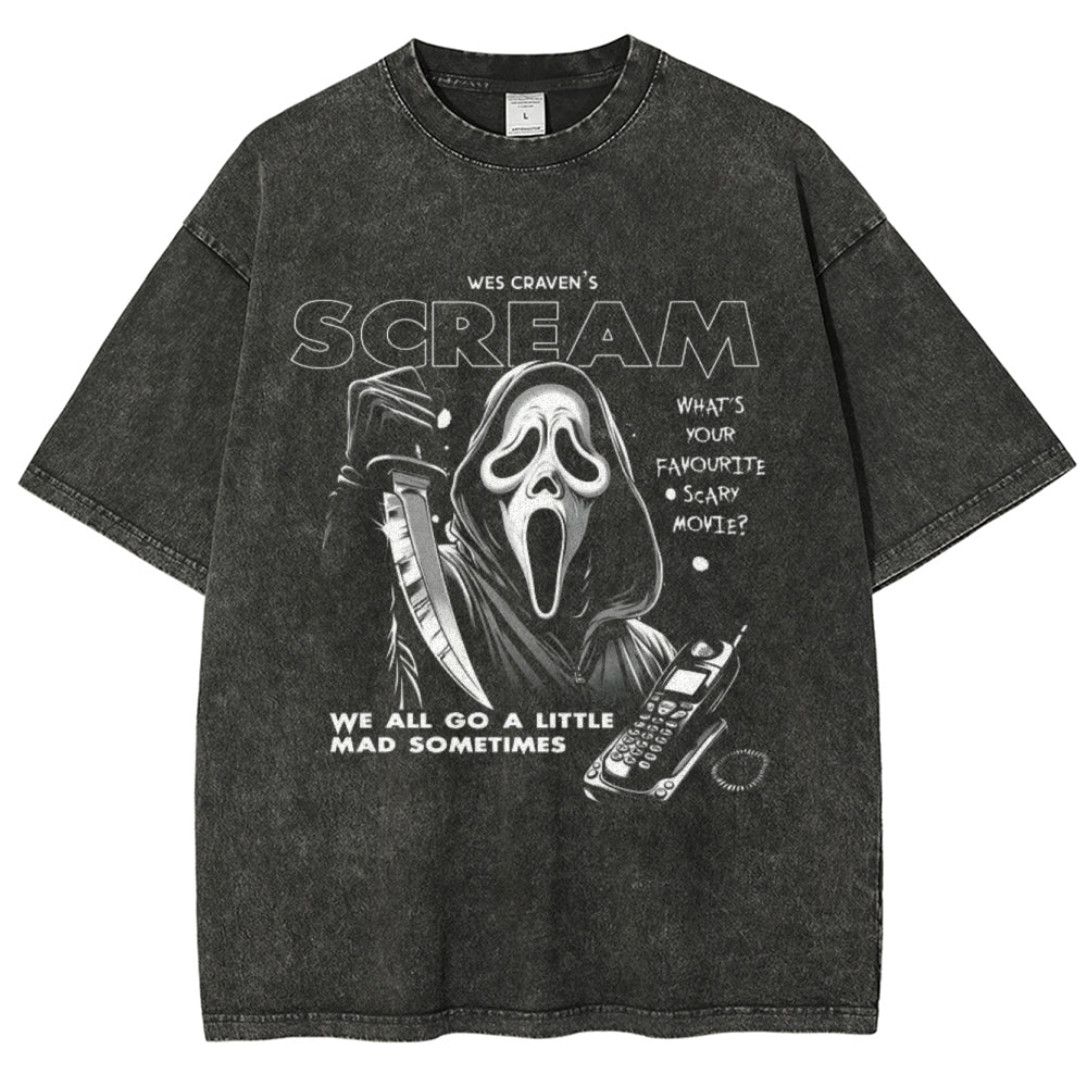 Unisex Vintage Scream Horror Movie Graphic Short Sleeve Washed T-shirt