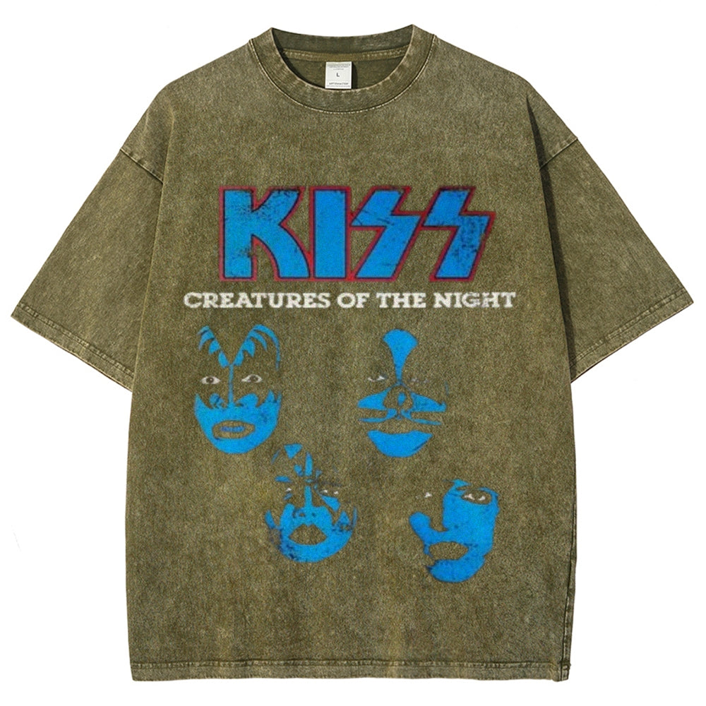 Unisex Vintage The Kiss Rock Band Print Short Sleeve Casual Graphic Washed T-shirt