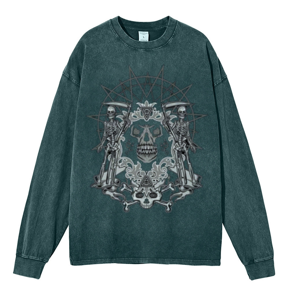 Oversized Vintage Washed Gothic Skull Graphic Sweatshirt