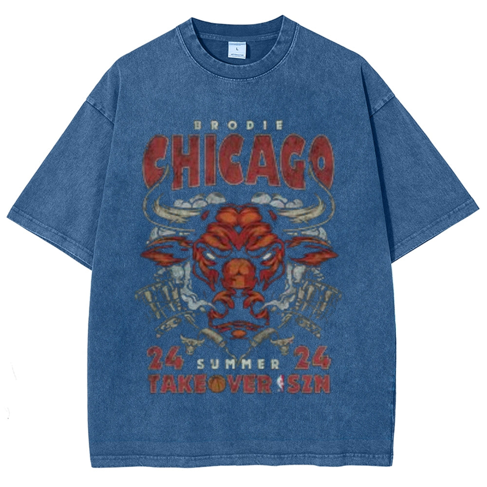 Unisex Vintage Chicago Letter Print Short Sleeve Graphic Washed T-shirt