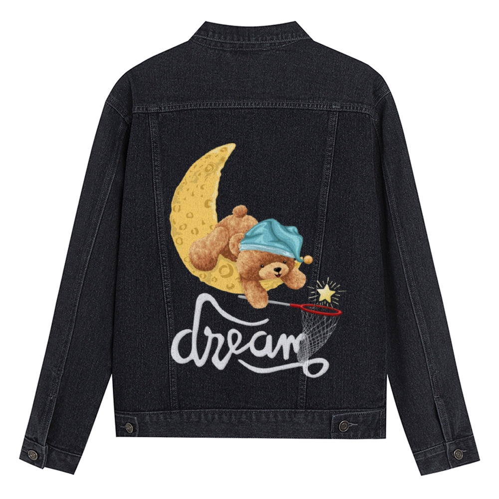 Mens Vintage Cartoon Cute Bear Moon Dream Prints Denim Jacket