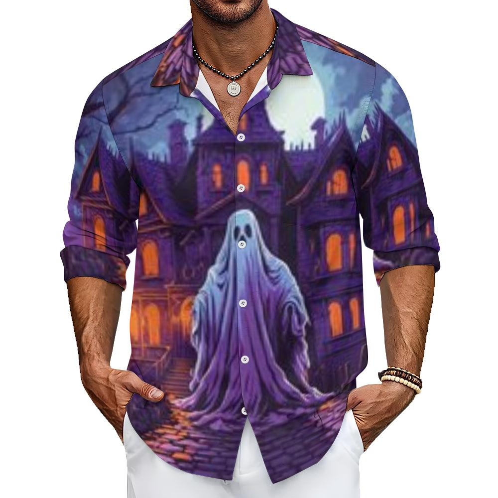 Mens Halloween Haunted House Long Sleeve Shirt