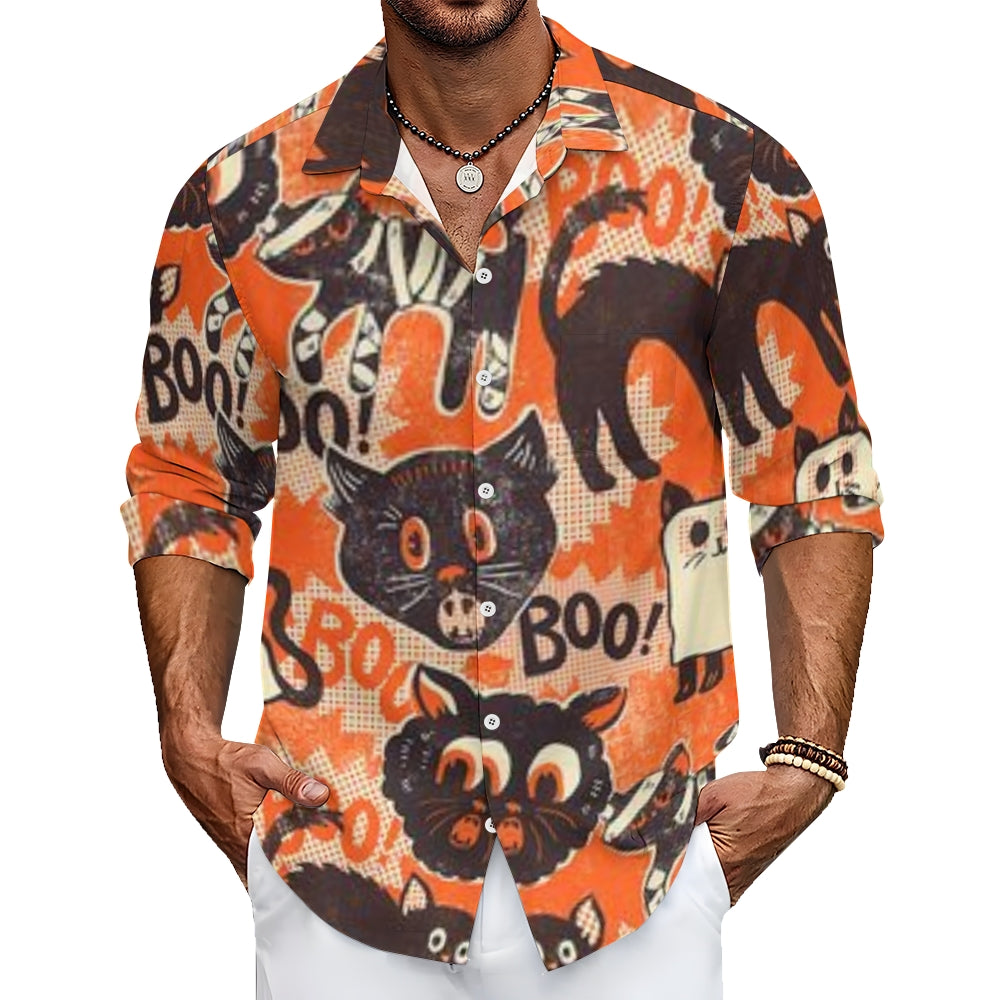 Mens Halloween Cute Cat Long Sleeve Shirt