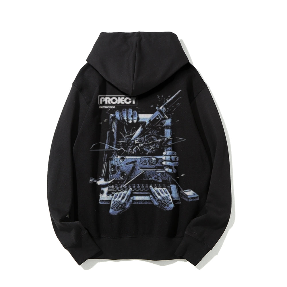 Mens Vintage Machine Project Darkness Style Print Graphic Pullover With Kangaroo Pocket Hoodies