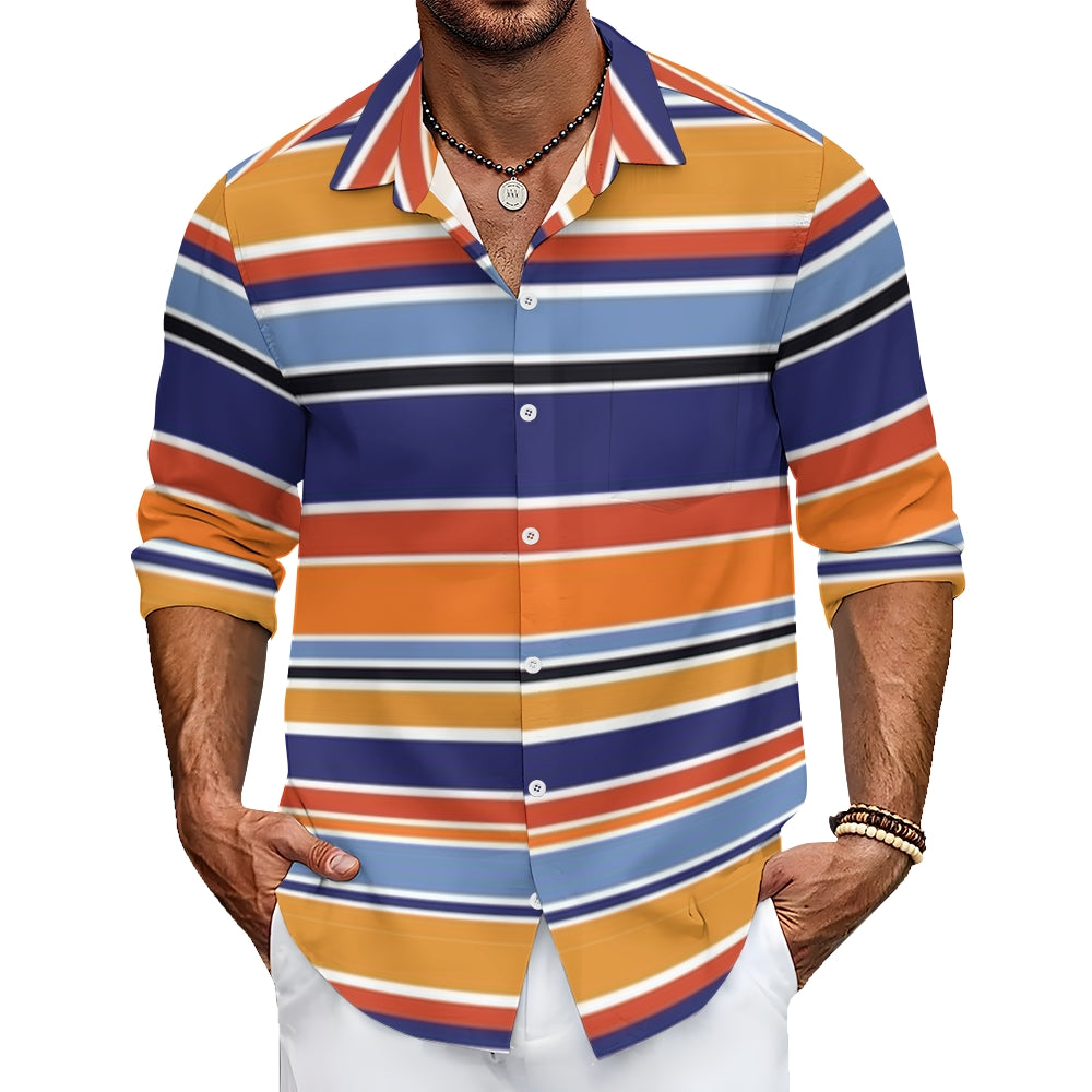 Mens Orange Navy Stripes Long Sleeve Shirt