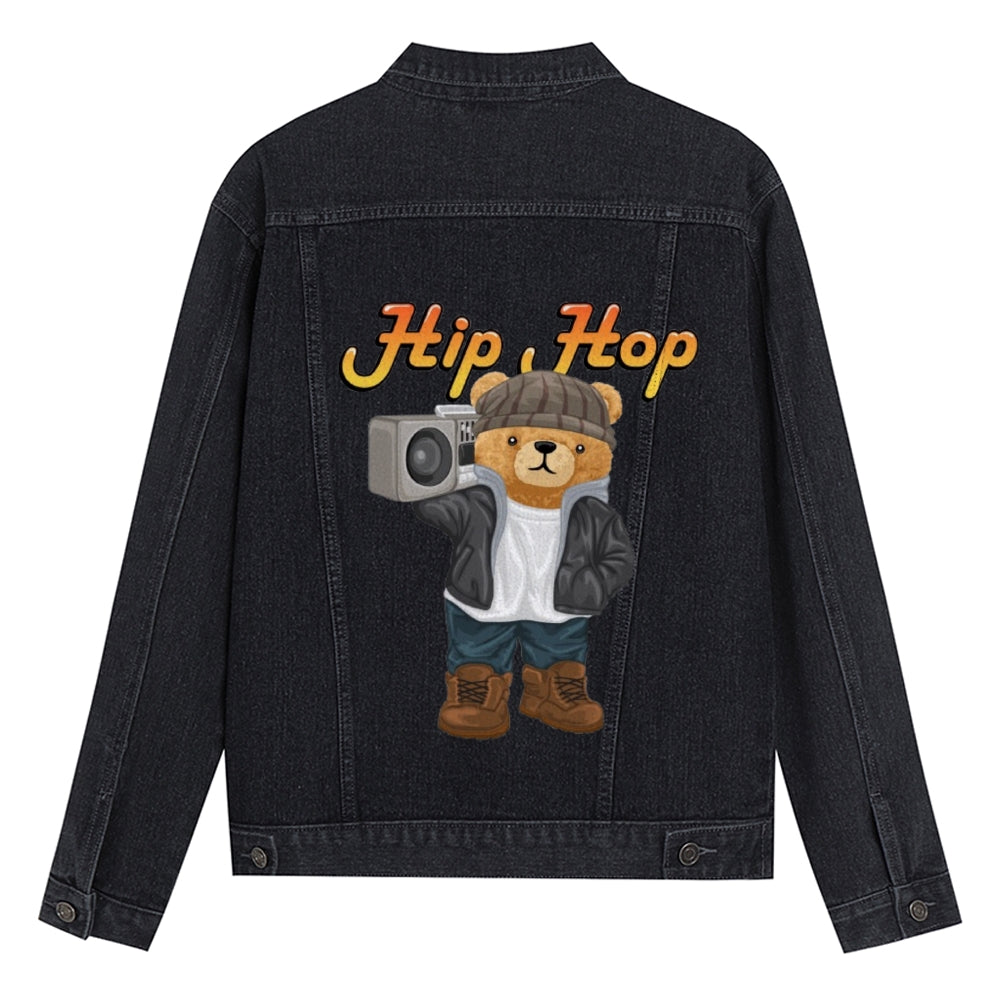 Mens Vintage Cartoon Prints Cute Bear Hip Hop Denim Jacket