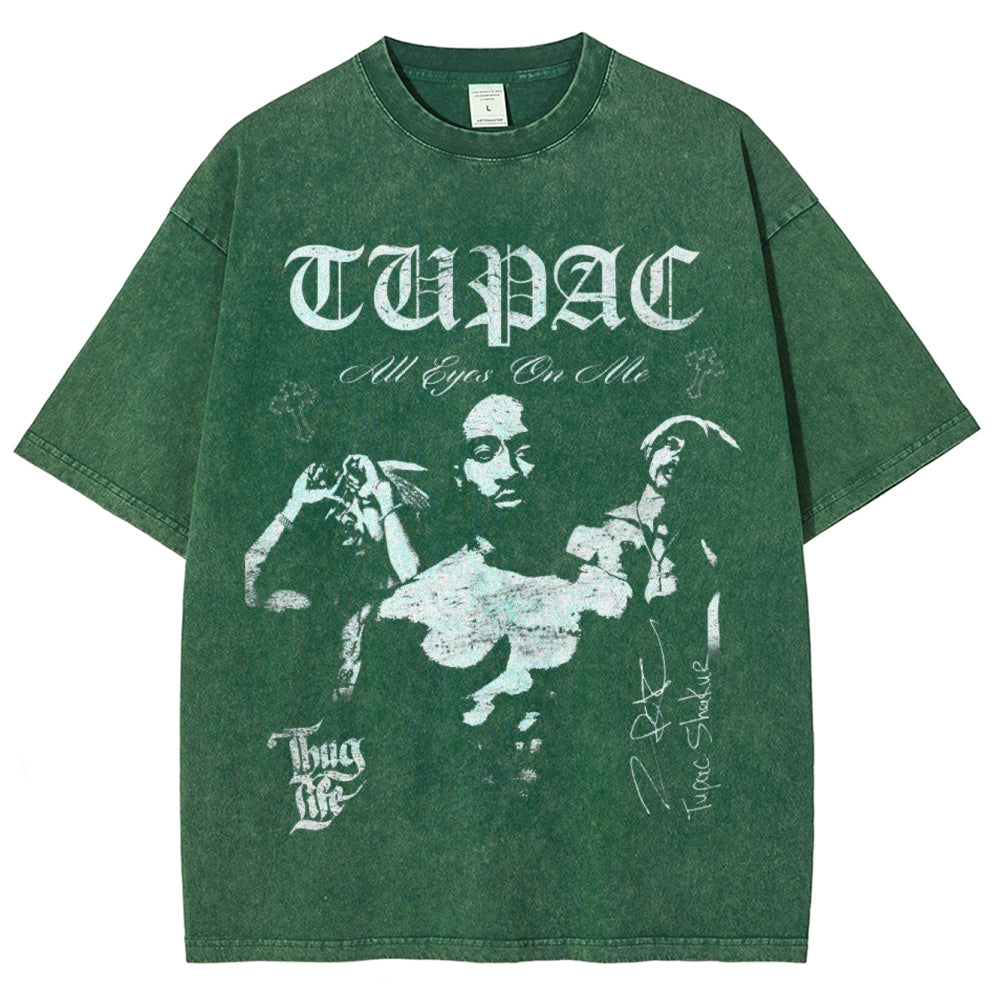 Unisex Vintage Tupac Darkness Style Graphic Short Sleeve Washed T-shirt