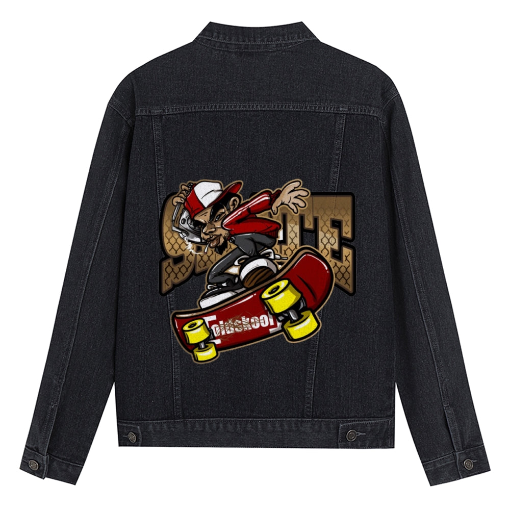 Mens Vintage Skate Cartoon Prints Denim Jacket