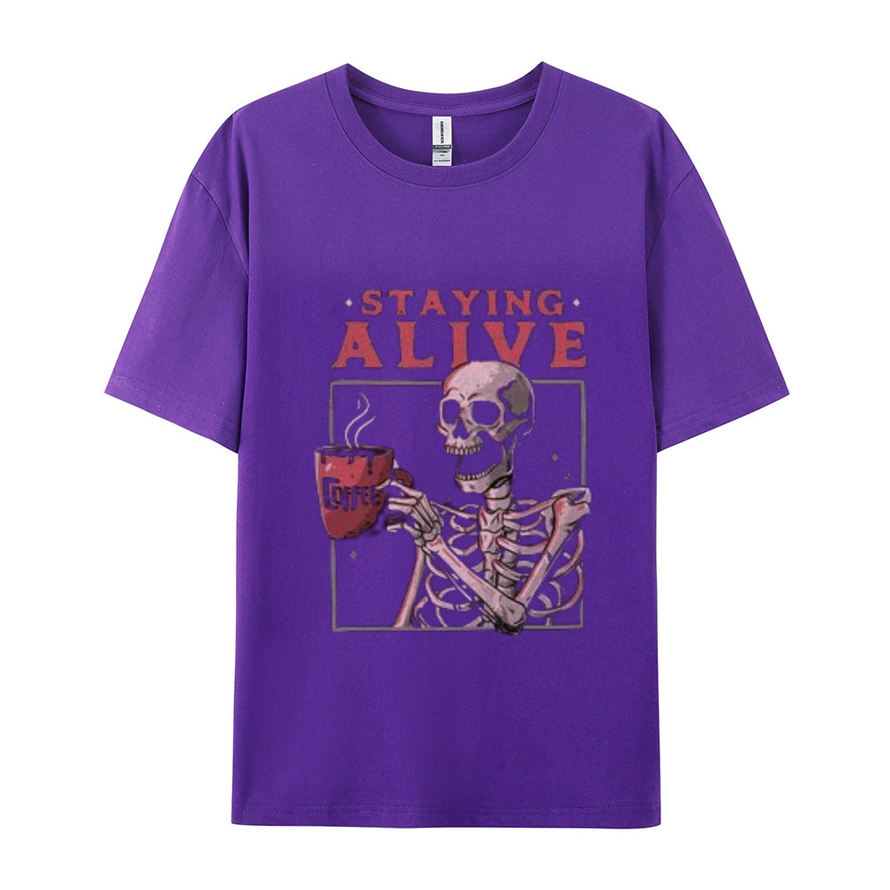 Mens Staying Alive Skull with Coffee Graphic Tee