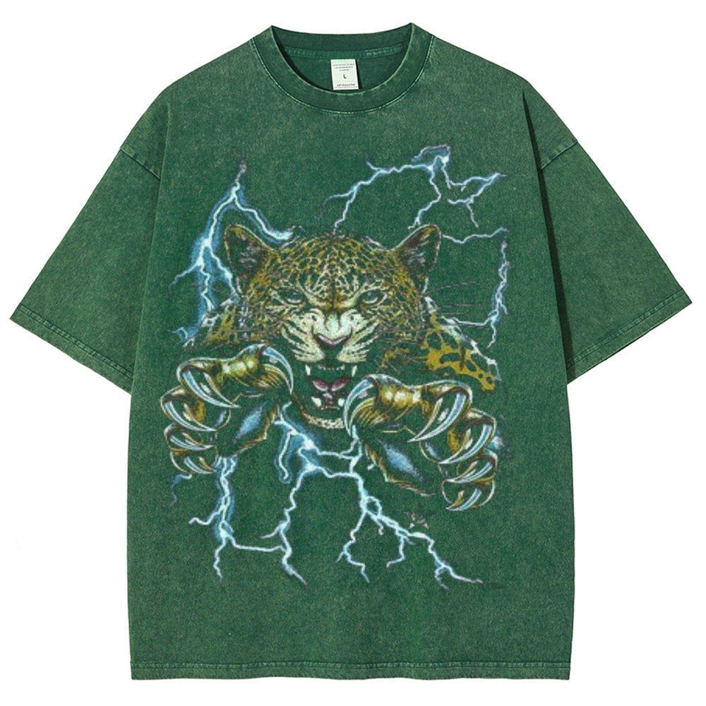 Unisex Vintage Fierce Leopard Darkness Style Graphic Short Sleeve Washed T-shirt