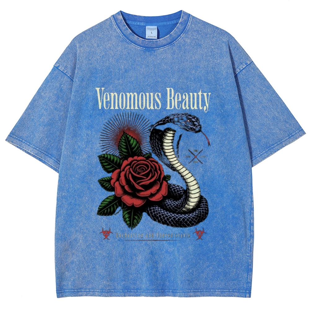 Women Washed Vintage Beauty Rose Snake Graphic T-shirt