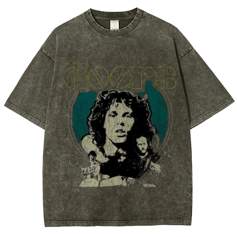 Unisex Vintage The Doors Rock Band Print Short Sleeve Casual Graphic Washed T-shirt