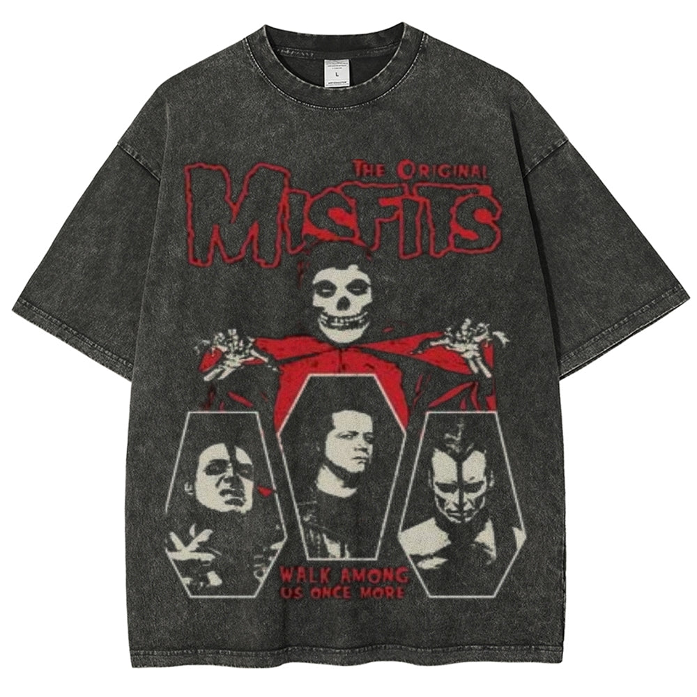 Unisex Vintage The Misfits Rock Band Print Short Sleeve Casual Graphic Washed T-shirt