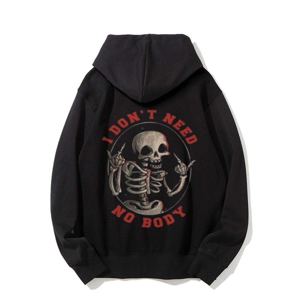 Mens I DON'T NEED NOBODY Skull Graphic Pullover Hoodies