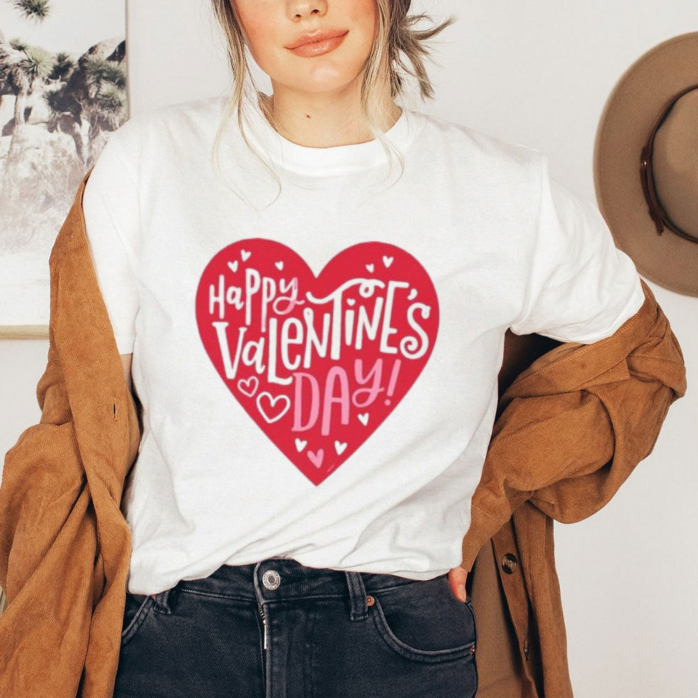 Women Happy Valentine's Day Heart Print Graphic T-shirt