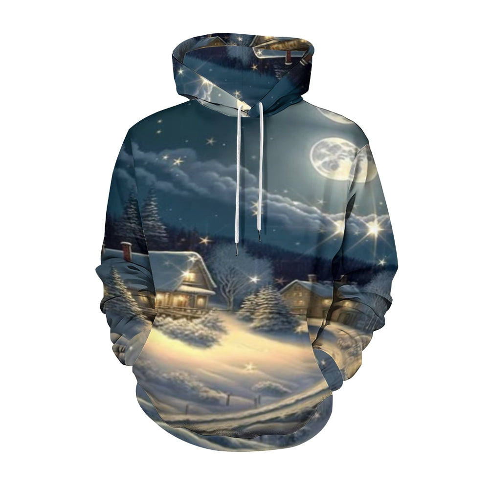 Christmas Winter Snow House Graphic Pullover With Kangaroo Pocket Hoodies