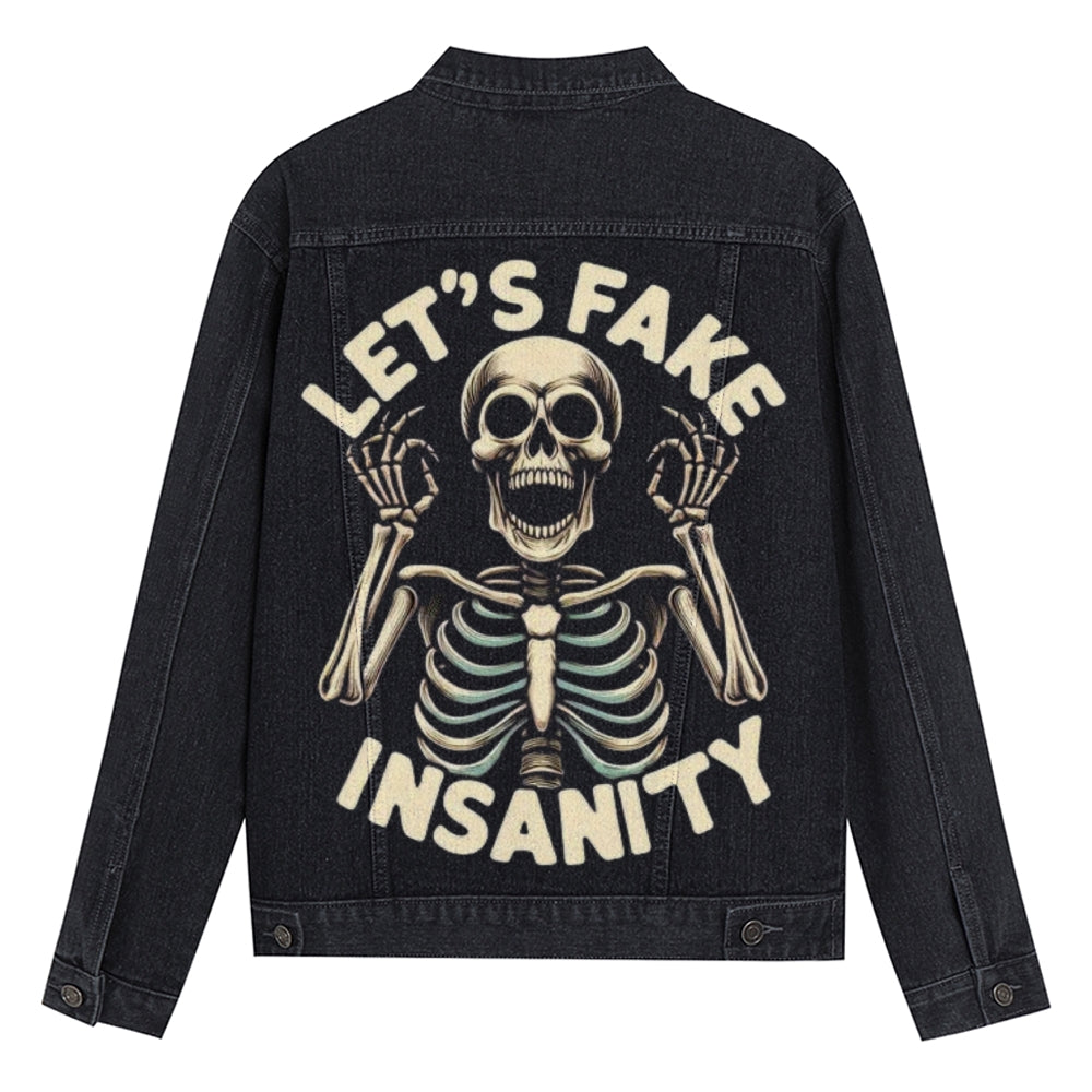 Mens Vintage Let's Fake Insanity Skull Graphic Denim Jacket