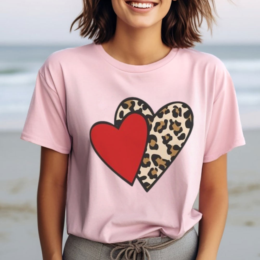 Women Love Leopard Heart Valentine's Day Print  Graphic T-shirt