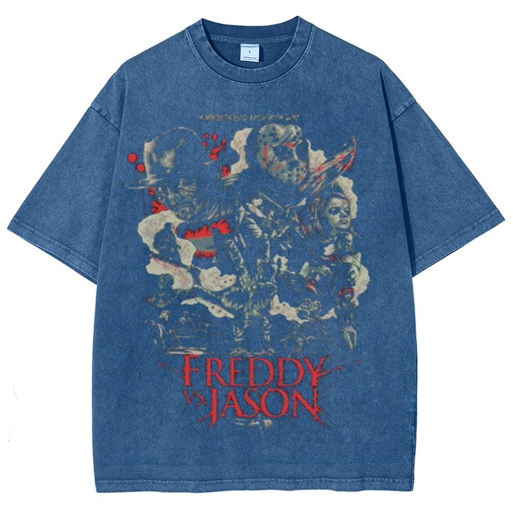 Unisex Vintage Freddy Jason Graphic Short Sleeve Washed T-shirt