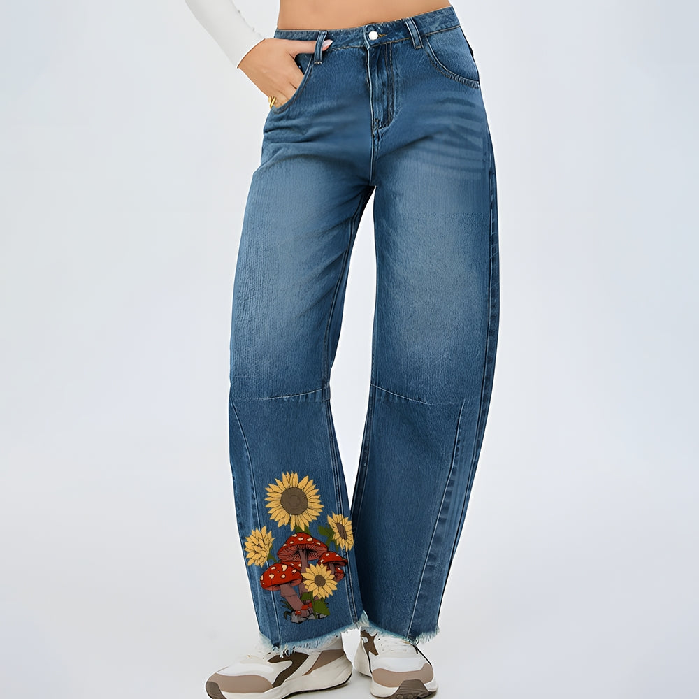 Women Sunflower And Mushroom Graphic Baggy Straight Leg Jean