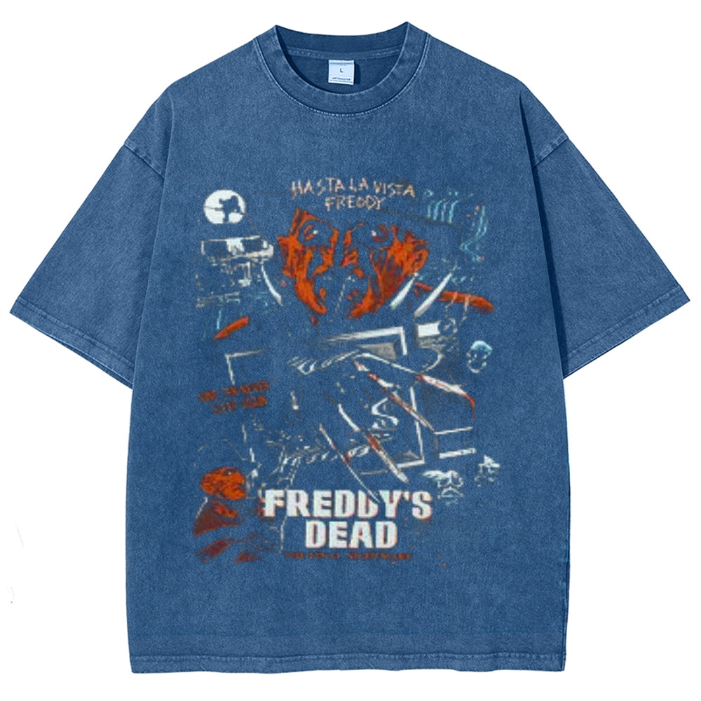 Unisex Vintage Freddy Dead Scary Graphic Short Sleeve Washed T-shirt