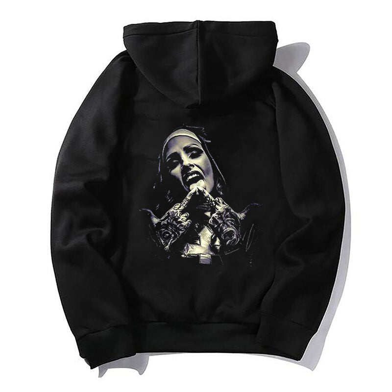 Finger Licking Evil Nun Street Style Graphic Black Print Hoodie